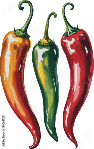 Watercolor Illustration of Three Chili Peppers in Red Green and Yellow. Chili Pepper Vector