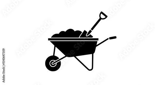A black and white image of a wheelbarrow with a shovel