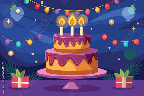 Happy birthday celebration with cake, candles, and festive party decorations