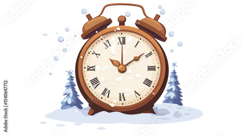 Digital illustration of a vintage-style twin bell alarm clock rendered in warm brown tones.  The clock is set against a white background with a light snowfall depicted by small, 
