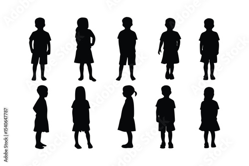 Silhouettes of Children Standing and Playing in Various Poses on White Background