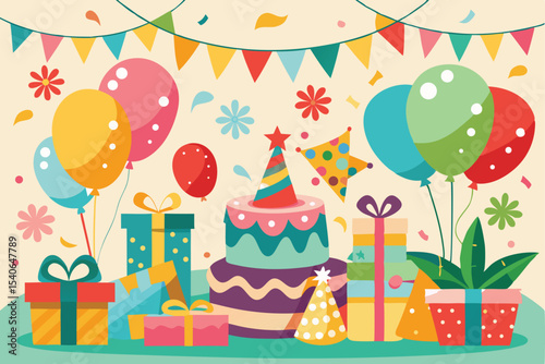 Happy birthday party celebration vector with cake, balloons, and decorative present illustration
