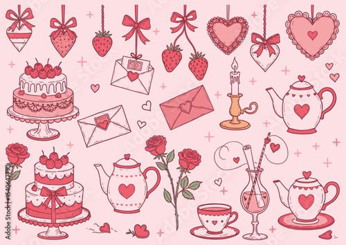 Romantic hand drawn Valentine's Day pattern with cakes, hearts, roses, love letters, teapots, candles, strawberries, envelopes, and decorations