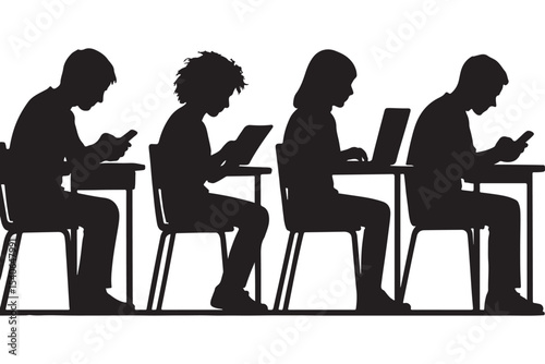 students in classroom with phones and laptops silhouette illustration