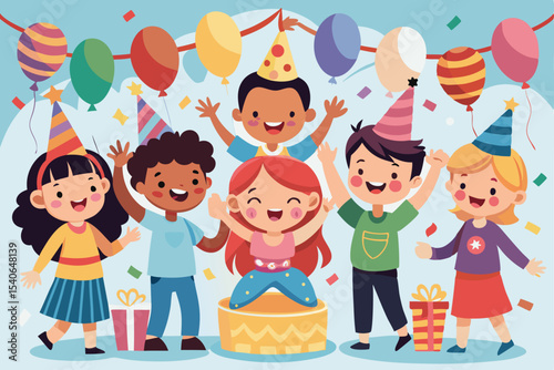 Cartoon children celebrate a fun birthday party with balloons, smiles, and cake