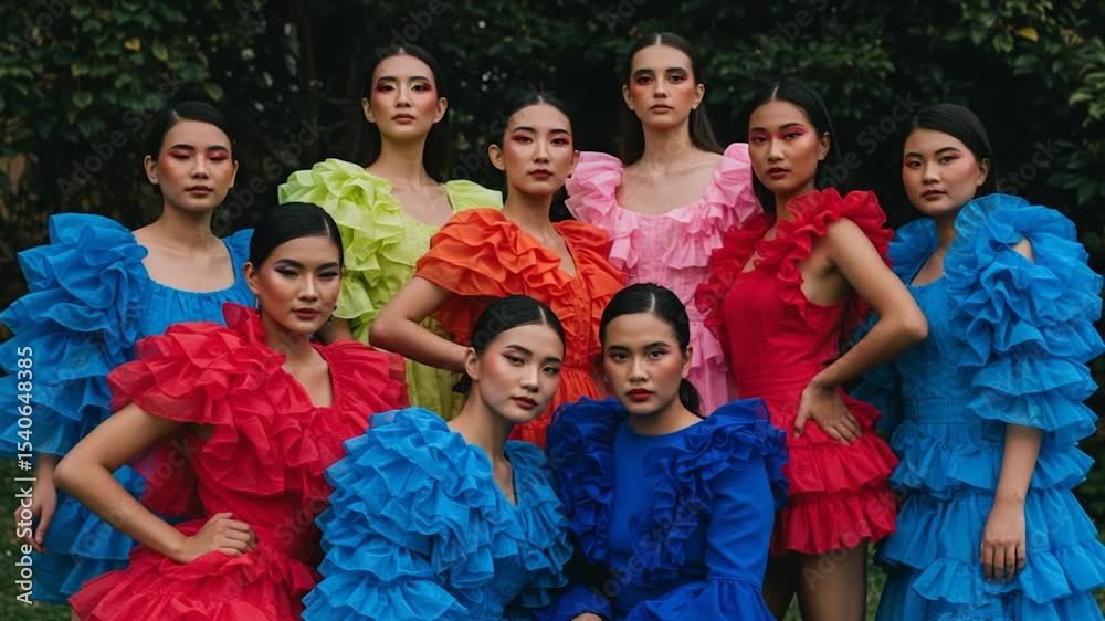 Group of women in colorful ruffled dresses fashion ensemble