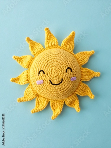 Cute crochet sun with a smiling face and blushing cheeks on a light blue background