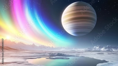 Surreal Cosmic Landscape with Colorful Aurora and Enormous Planet in a Distant Alien World