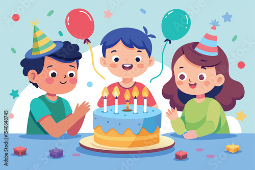 Happy birthday cartoon boy celebrates with cake and candles, a sweet illustration for a child's party