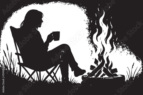 relaxing by the fire person sitting with a cup in hand silhouette