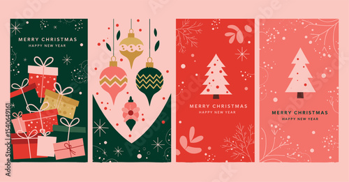 Modern flat Christmas card collection with gifts, trees, ornaments, abstract design, snow, Merry Christmas, Happy New Year message