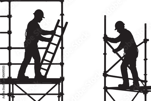 construction workers setting up scaffolding and using ladder silhouettes