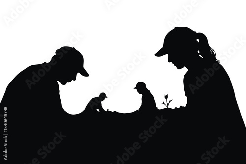 gardening team working together to plant flowers silhouette scene