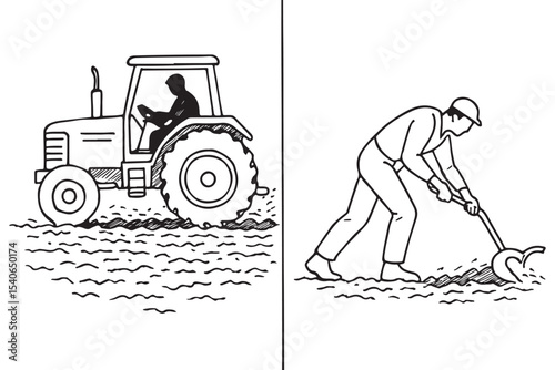 agriculture work tractor and farmer plowing the soil silhouette