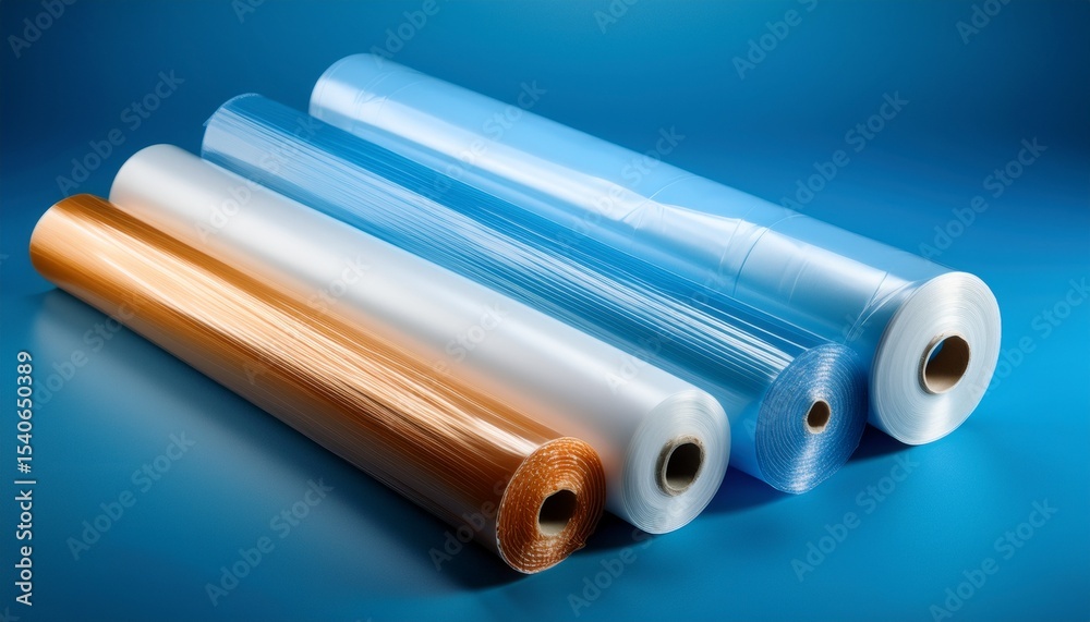 various plastic packaging film rolls on a blue background various plastic packaging film rolls on a blue background