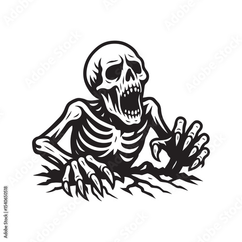  skeleton emerging from the ground with outstretched hands and open mouth, black and white horror illustration for halloween.
