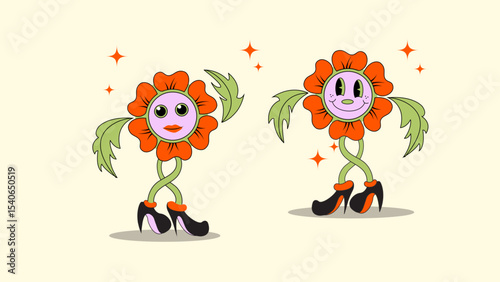 flowers cartoon characters, Two anthropomorphic flowers with cheerful faces, leafy arms, and high heels stand. Cartoon-style, perfect for spring fashion or party-themed designs.