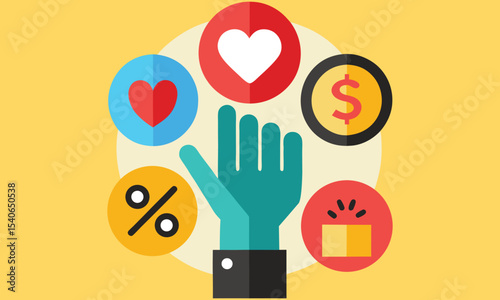 Hand reaching for icons of love money percentage and gift box isolated on white background
