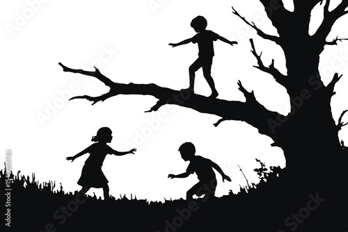 playful kids balancing on tree branch silhouette, childhood moments