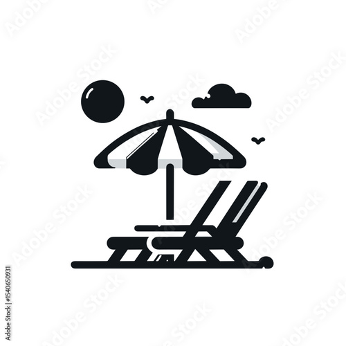 Beach lounge chairs with umbrella under sun and clouds  