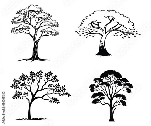 Four different tree silhouettes isolated on white background