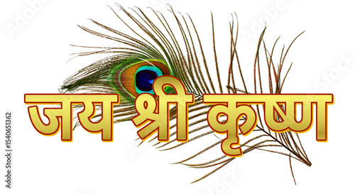 calligraphy 'Jai Shree Krishna' golden Hindi religion text slogan (means salute or Honour to god krishna) with peacock feather, cutout in transparent background, png format   