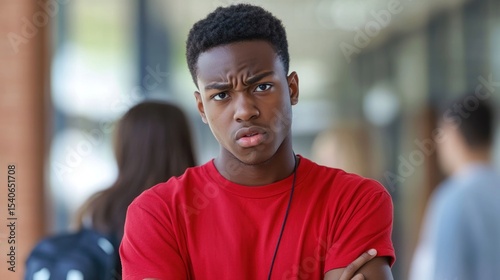 An African American student in a red shirt, expressing disapproval on issues related to hunger and social inequality
