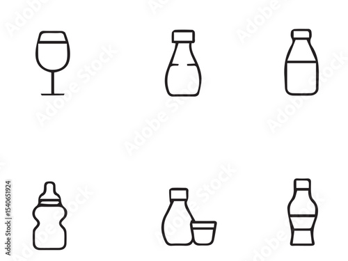 Beverage Icon Set: A minimalist and modern collection of six outlined beverage icons. Each icon represents a common beverage container, offering a versatile set for various design applications.