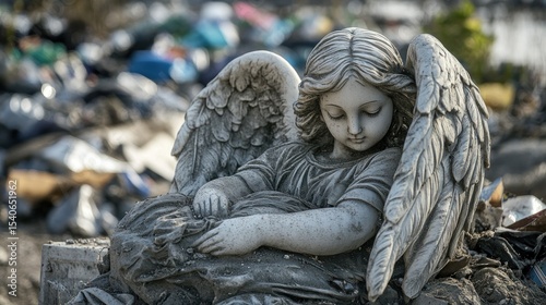 An angel statue resting atop a pile of trash, juxtaposing beauty with environmental neglect in an urban setting