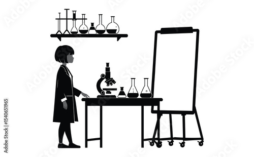 Female Scientist in Laboratory with Microscope and Whiteboard Vector