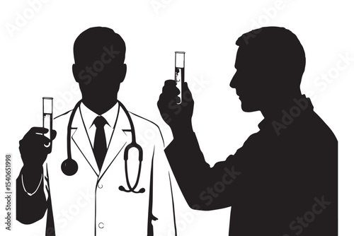 doctor and researcher examining test tube, scientific research silhouette