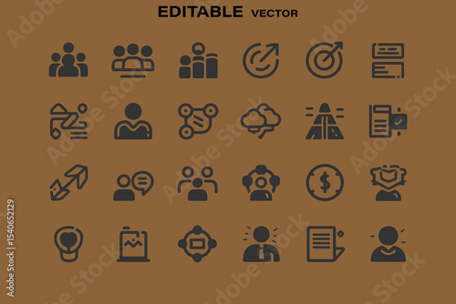 Editable vector icons set for business teamwork and strategy