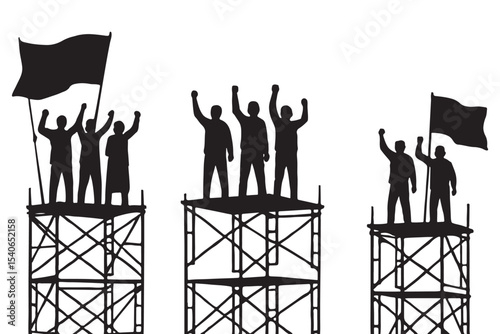 victorious people holding flags and cheering from scaffolding, silhouette