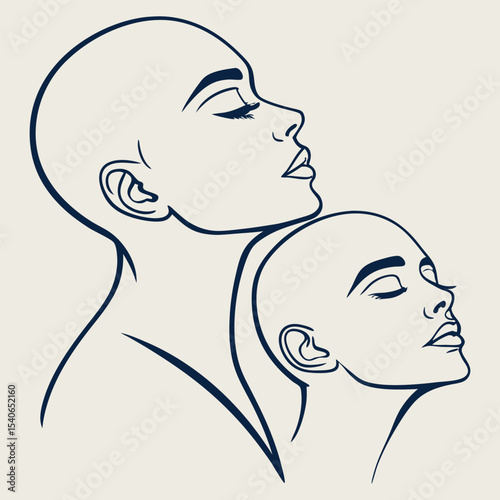 Two Bald Women Profile Line Art Drawing Dark Blue Lines Beige Background Minimalist Style Elegant