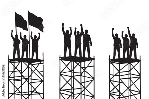 people celebrating with raised fists and flags on scaffolding, victory silhouette