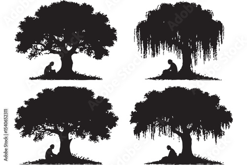 silhouette of a person sitting under a tree, relaxing in nature