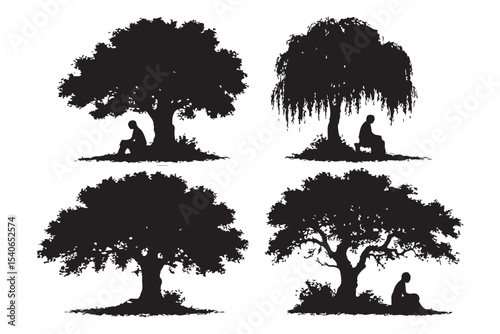 solitude under a tree, silhouette of a person sitting and reflecting