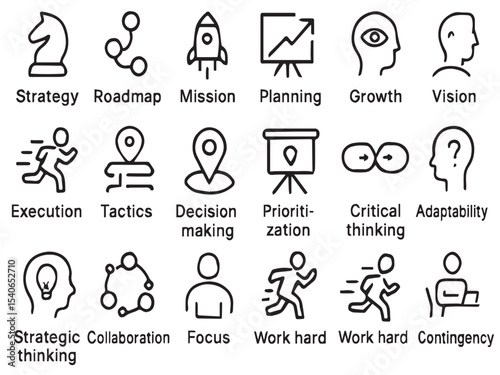Strategic Icons: A comprehensive set of icons representing key business concepts and strategies, perfect for illustrating presentations and business materials.