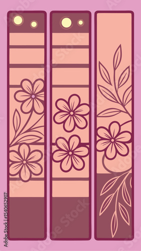 Floral bookmarks illustration with pink and maroon color scheme and transparency