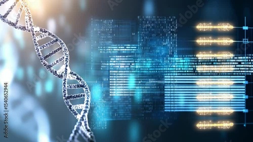 Digital Artwork of DNA Strand with Abstract Technology Background and Genetic Data Visualization