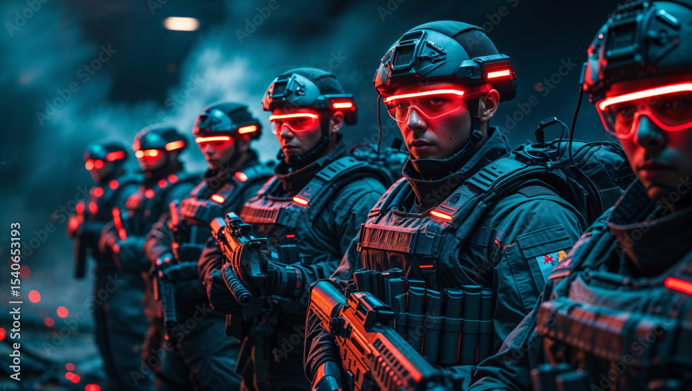 Futuristic soldiers in tactical gear, ready for battle with glowing visors. Futuristic soldiers in tactical gear, ready for battle with glowing visors.