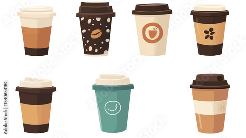 A digital illustration showcasing eight different designs of disposable coffee cups.  The cups are depicted in a top-down perspective against a white background. Each cup features variations in