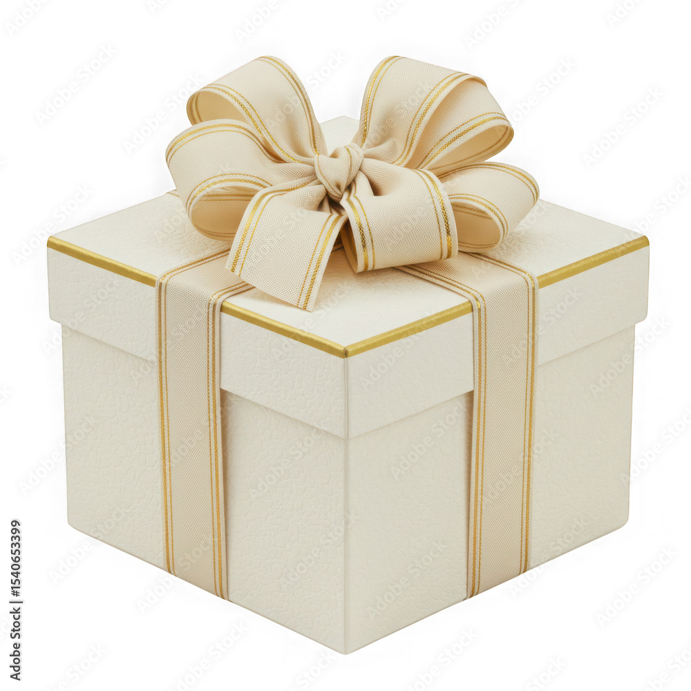 Obraz premium Elegant cream gift box with gold ribbon isolated on transparent background