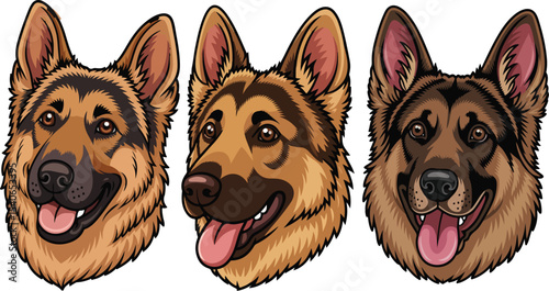 german shepherd dog head cartoon illustration set
