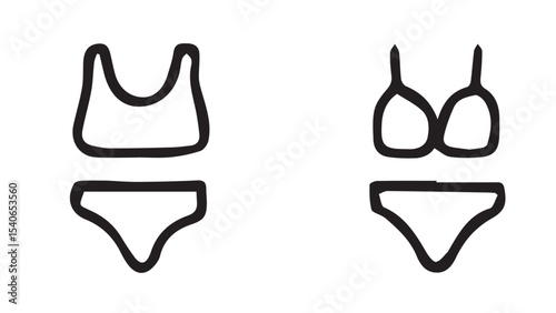 Bikini set icon: Two bikini sets with different styles, presented in a modern line-art. Focus on clean lines and versatility for fashion concepts, lifestyle, or design projects.