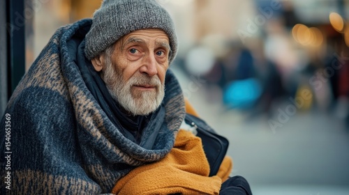 An elderly man in blankets on the street corner, symbolizing resilience and human connection in the face of hardship