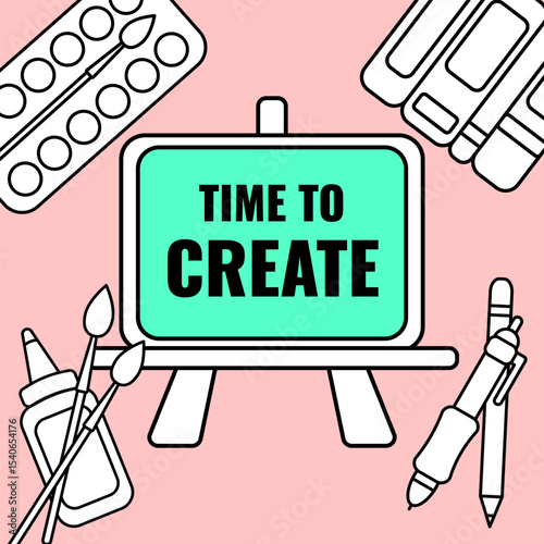 Vector elements on the theme Time to create on a pink background. Elements for coloring.