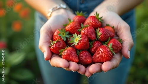 Woman holds bunch of ripe red strawberries in hands. Fresh summer berries from garden, harvest concept. Healthy food, organic dessert. Vitamins, sweet fruit. Nature, agriculture background.