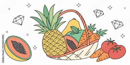 Isolated group of fresh, ripe tropical fruits and vegetables including pineapple, orange, banana, apple, kiwi, and lemon for a healthy diet