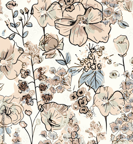 Big flowers pattern, upscale floral pattern. graphical textures floral, trendy colors pattern , flowers background with leaves. vector illustration.